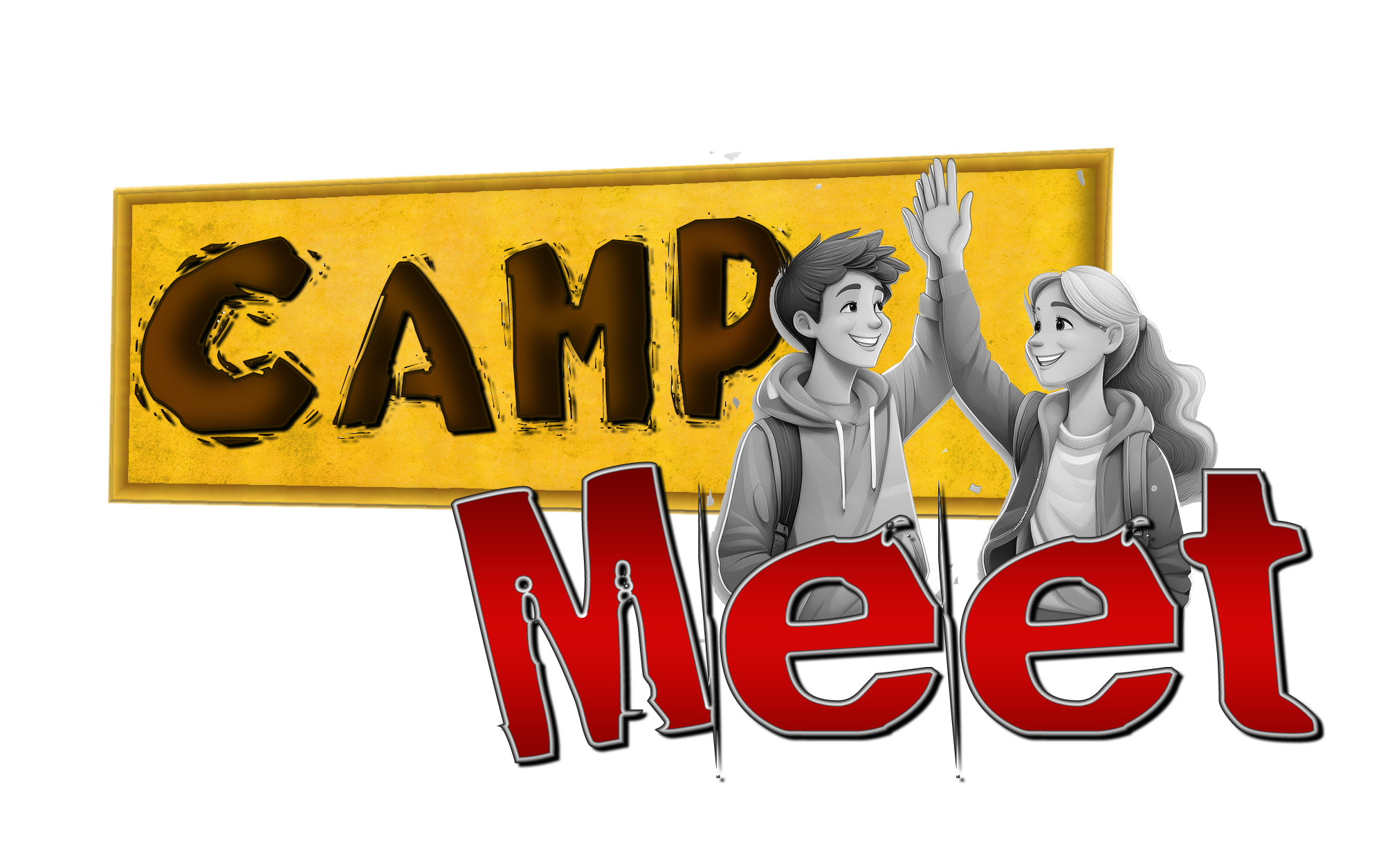 Camp Meet – Illustration mit Schriftzug und zwei Jugendlichen